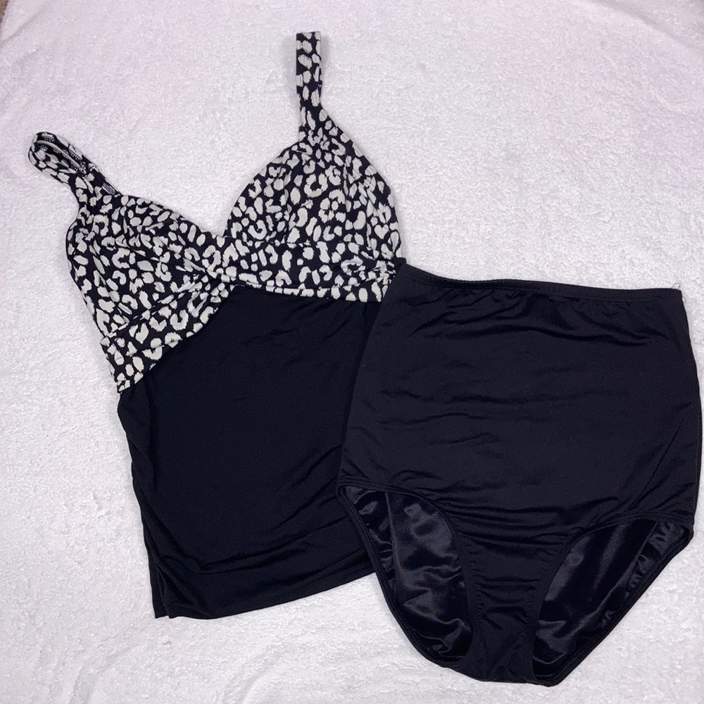 Lands end 6d underwire tankini with high waisted bottom black white